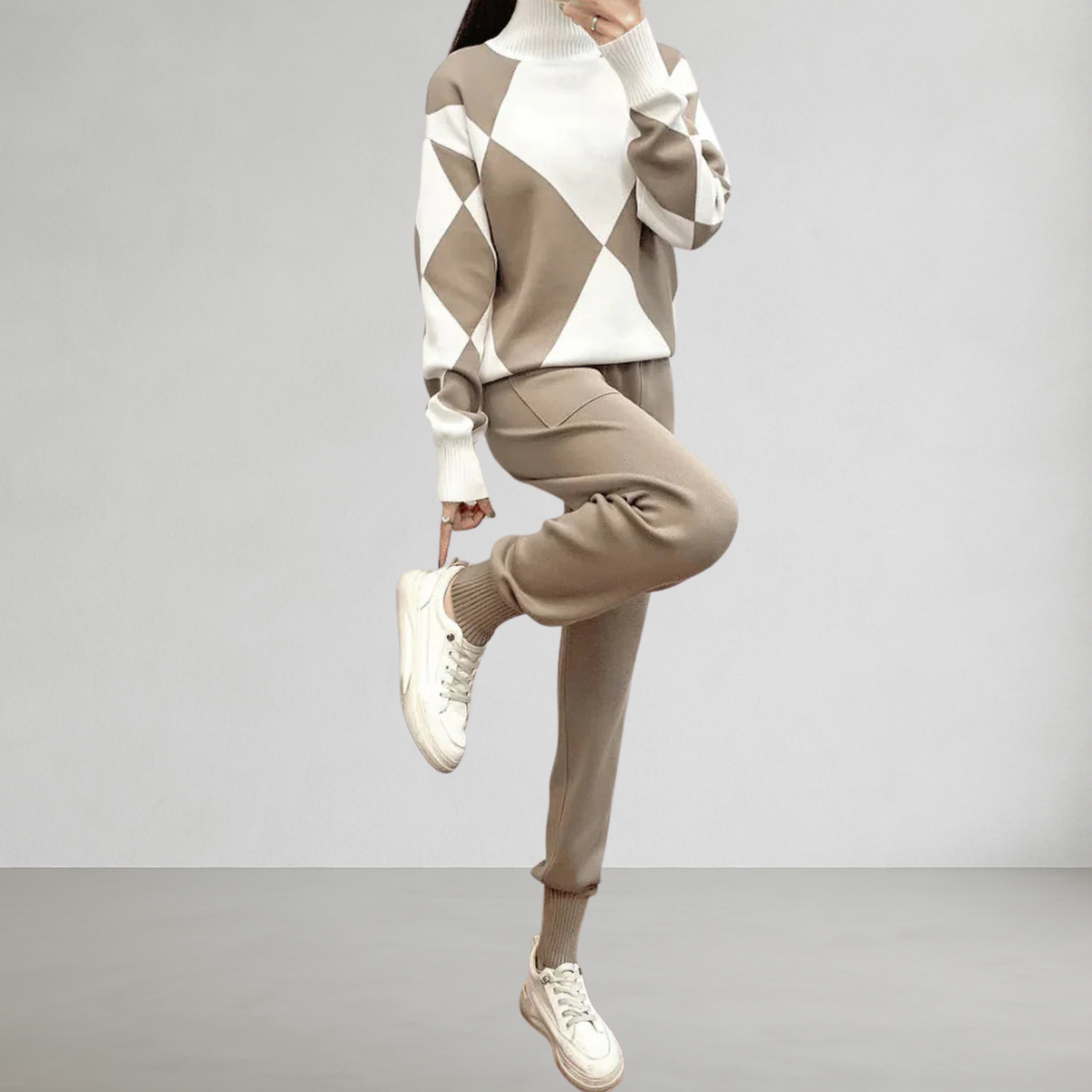 Dames trui en broek set met ruitmotief – 2-delig