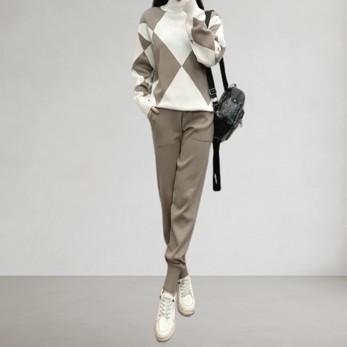 Dames trui en broek set met ruitmotief – 2-delig