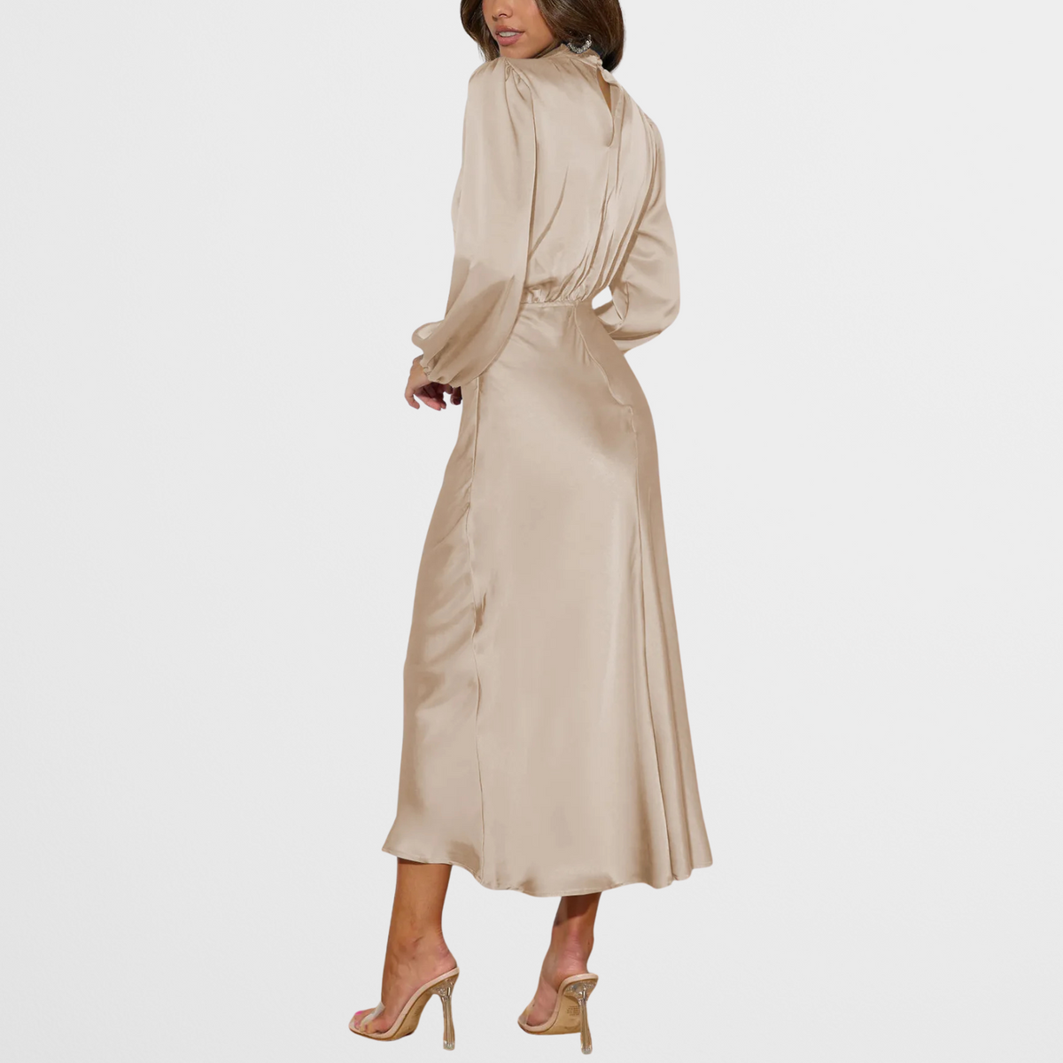 Satijnlook midi-jurk met hoge hals en lange mouwen