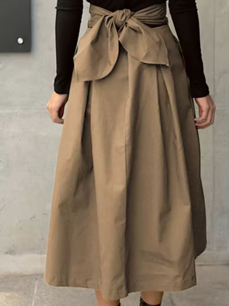 Dames Geplooide Midi Rok met Hoge Taille en Strikdetail