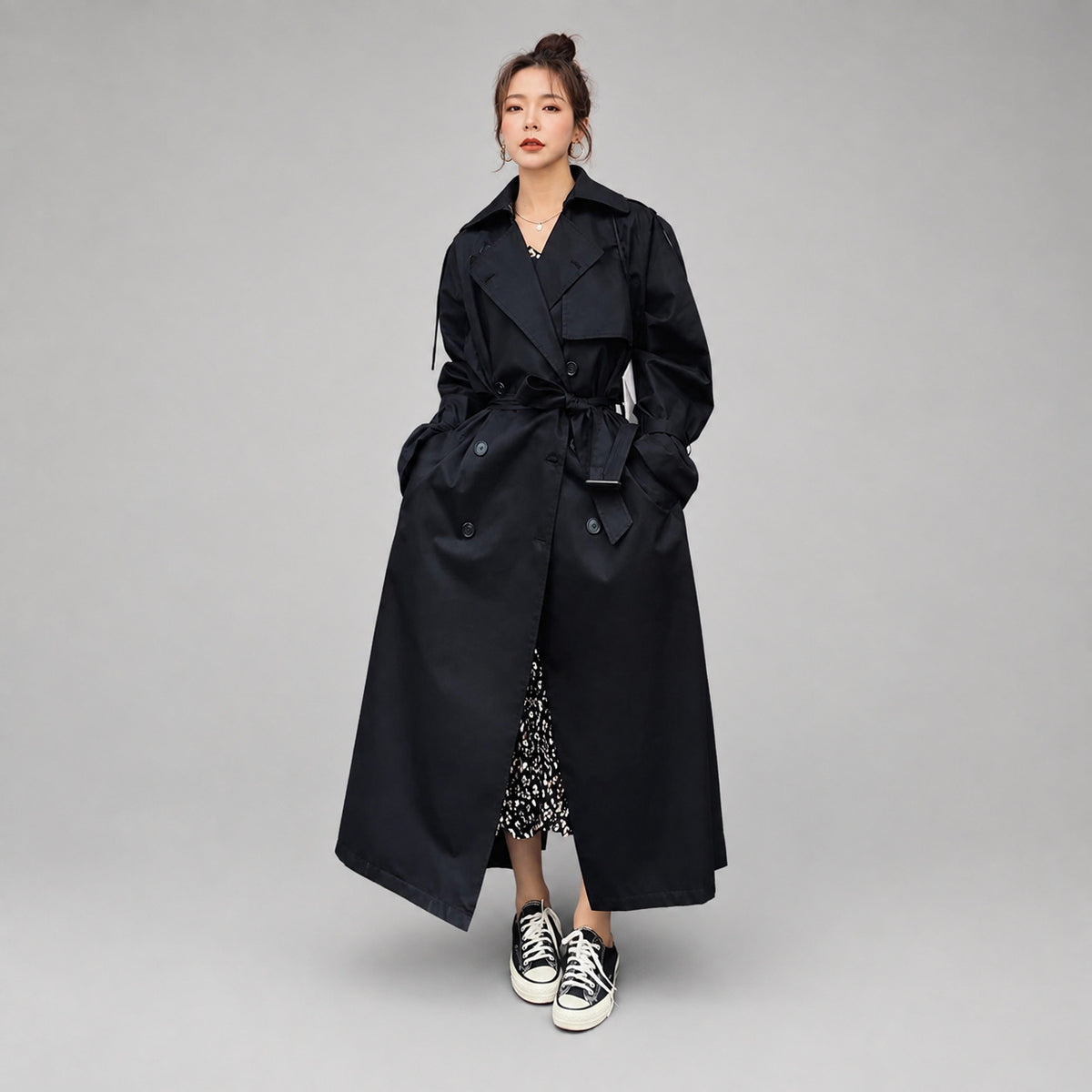 Dames Oversized Lange Trenchcoat met Strikceintuur en Reverskraag
