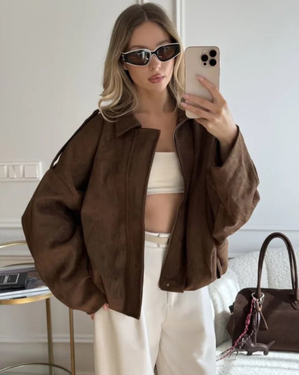 Dames Oversized Suède Jas met Verlaagde Schouders en Knoopsluiting