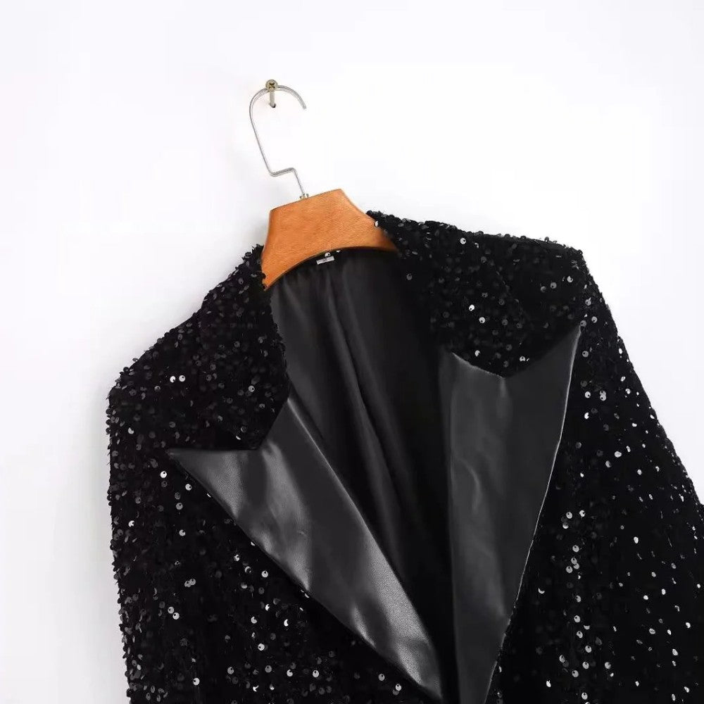 Dames Pailletten Blazer met Satijnen Reverskraag en Riem