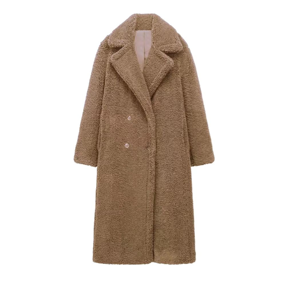 Dames lange teddy jas met reverskraag en knoopsluiting