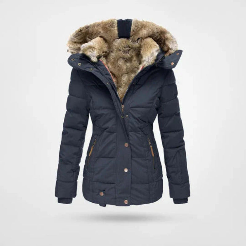 Dames winterjas met capuchon en imitatiebontvoering