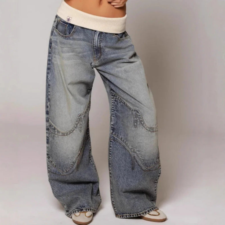 Denim Damesbroek met Tailleband en Wijde Pijpen