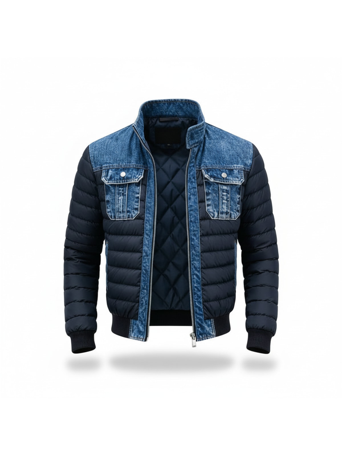 Heren Gewatteerde Jas met Denim en Opstaande Kraag