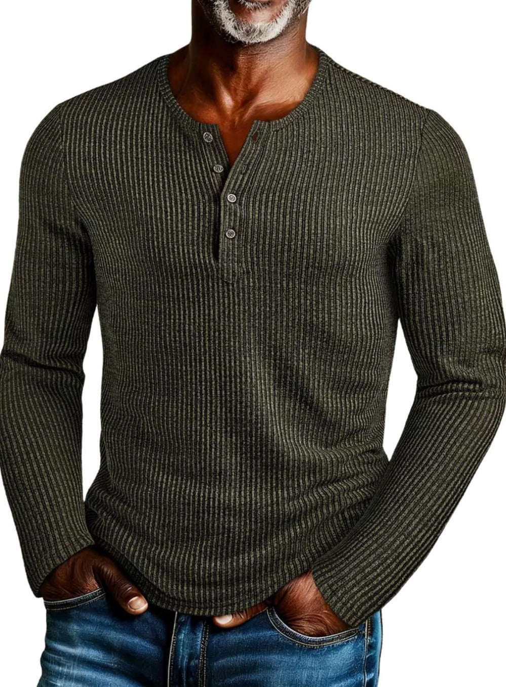 Heren Henley Trui met Ribpatroon en Lange Mouwen