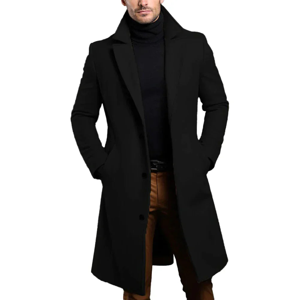 Heren Slim Fit Lange Jas met Reverskraag en Knoopsluiting