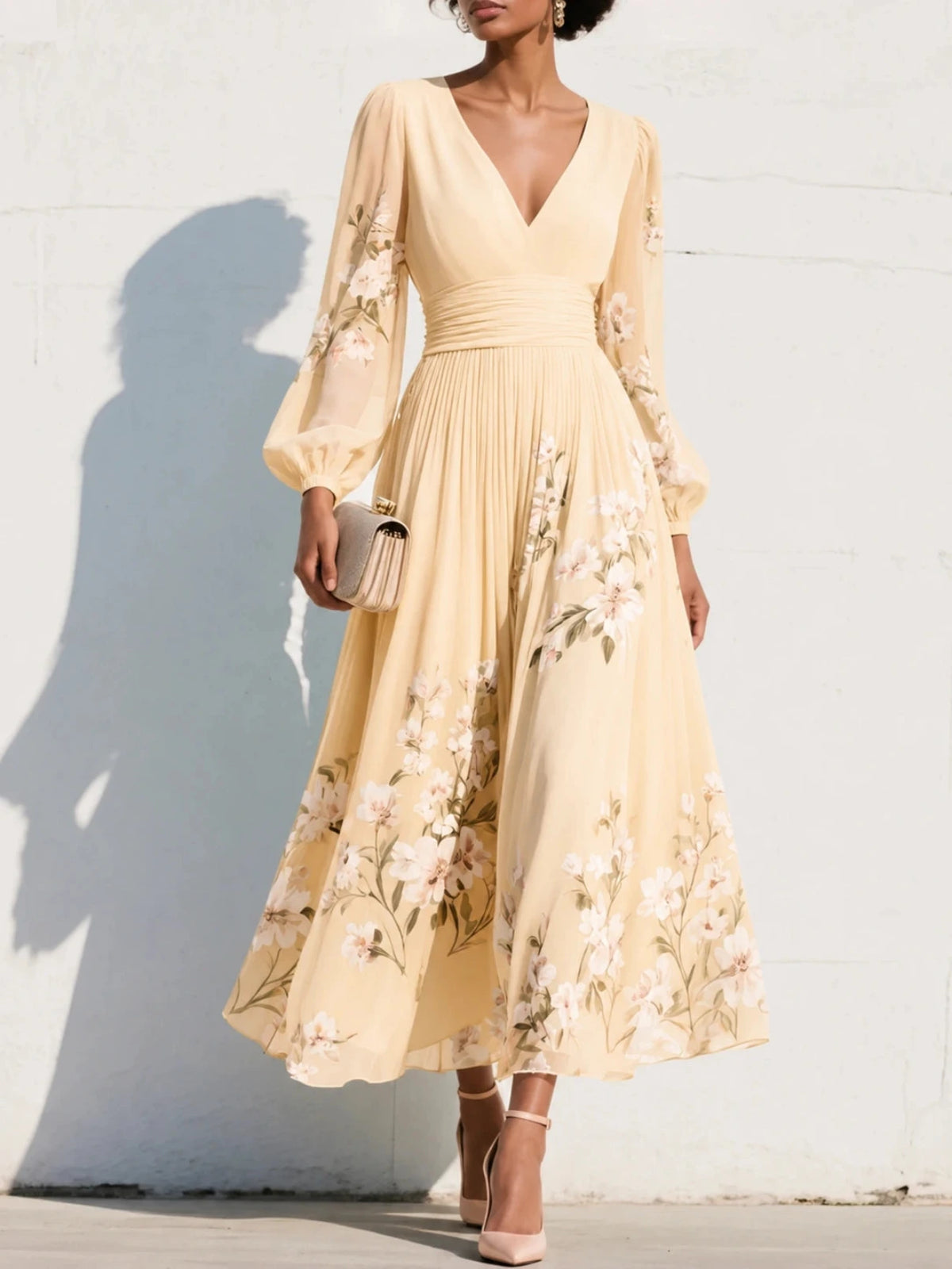 Maxi Feestjurk met V-hals en Bloemenprint