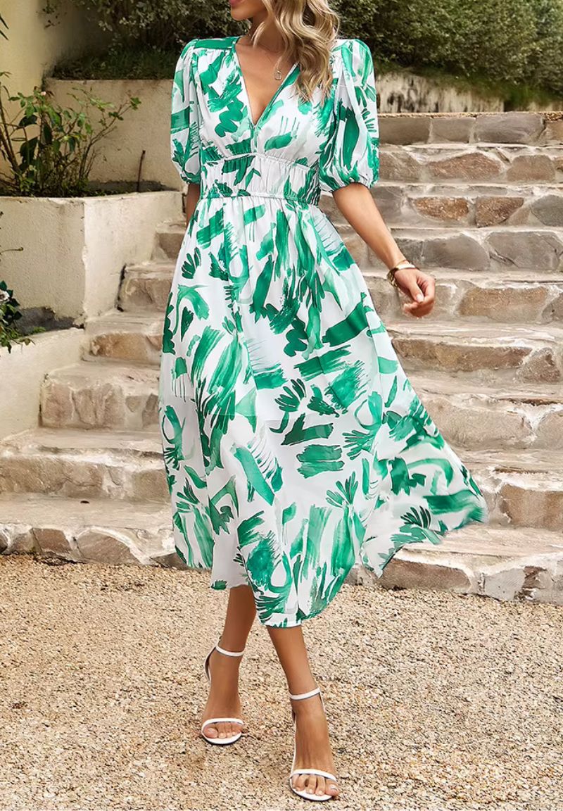 Maxi Jurk Dames met Print en Korte Pofmouwen