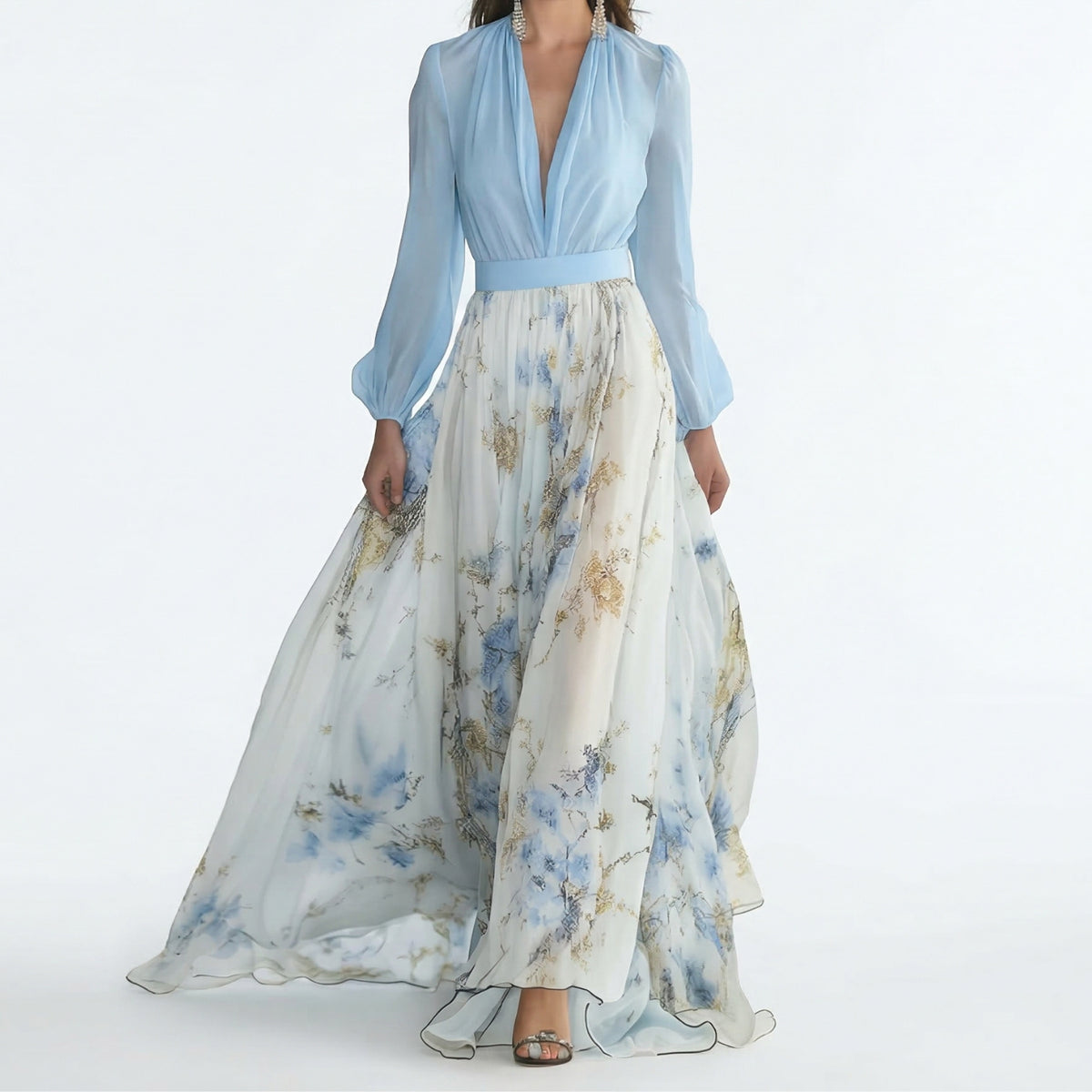 Maxi Jurk met Bloemenprint, Lange Mouwen en V-hals