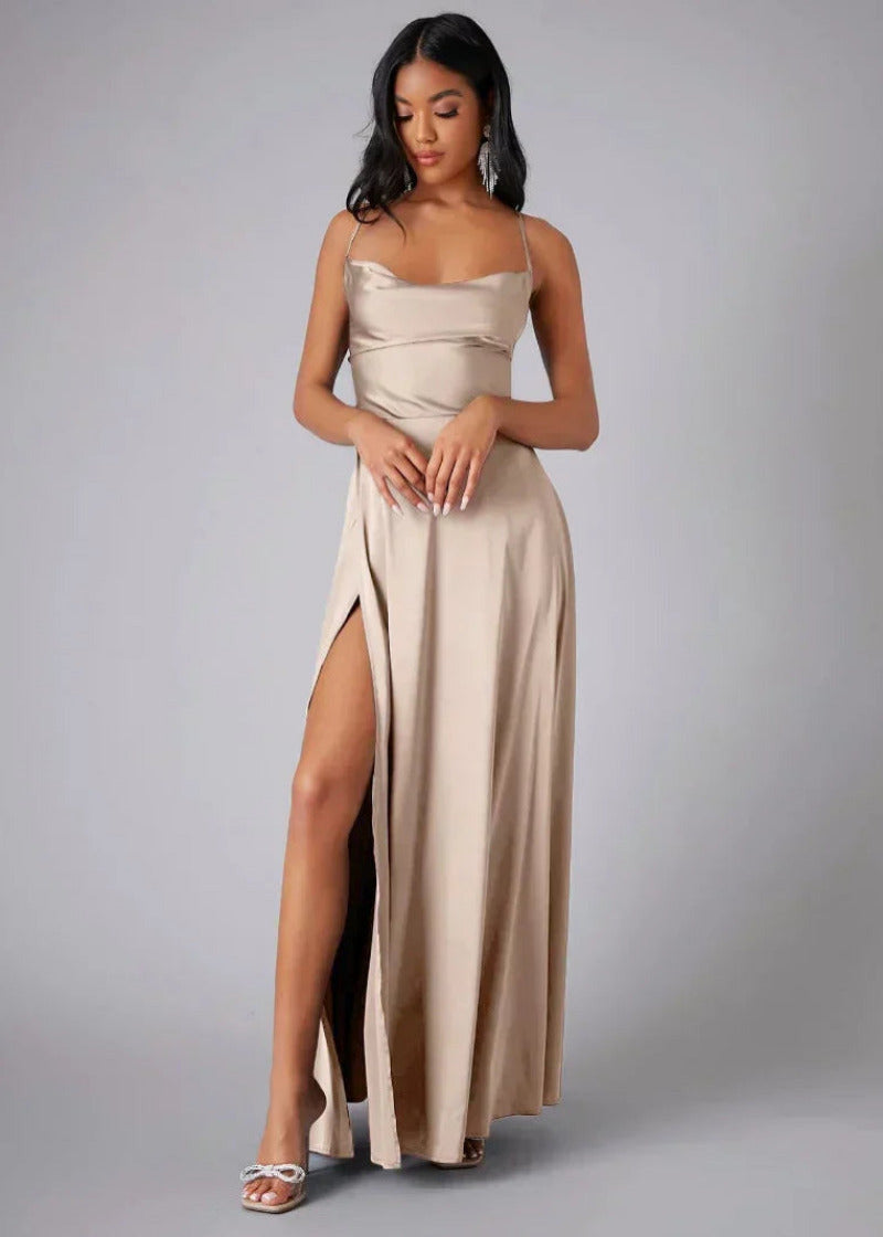 Satijnlook Maxi Galajurk met Hoge Split en Open Rug