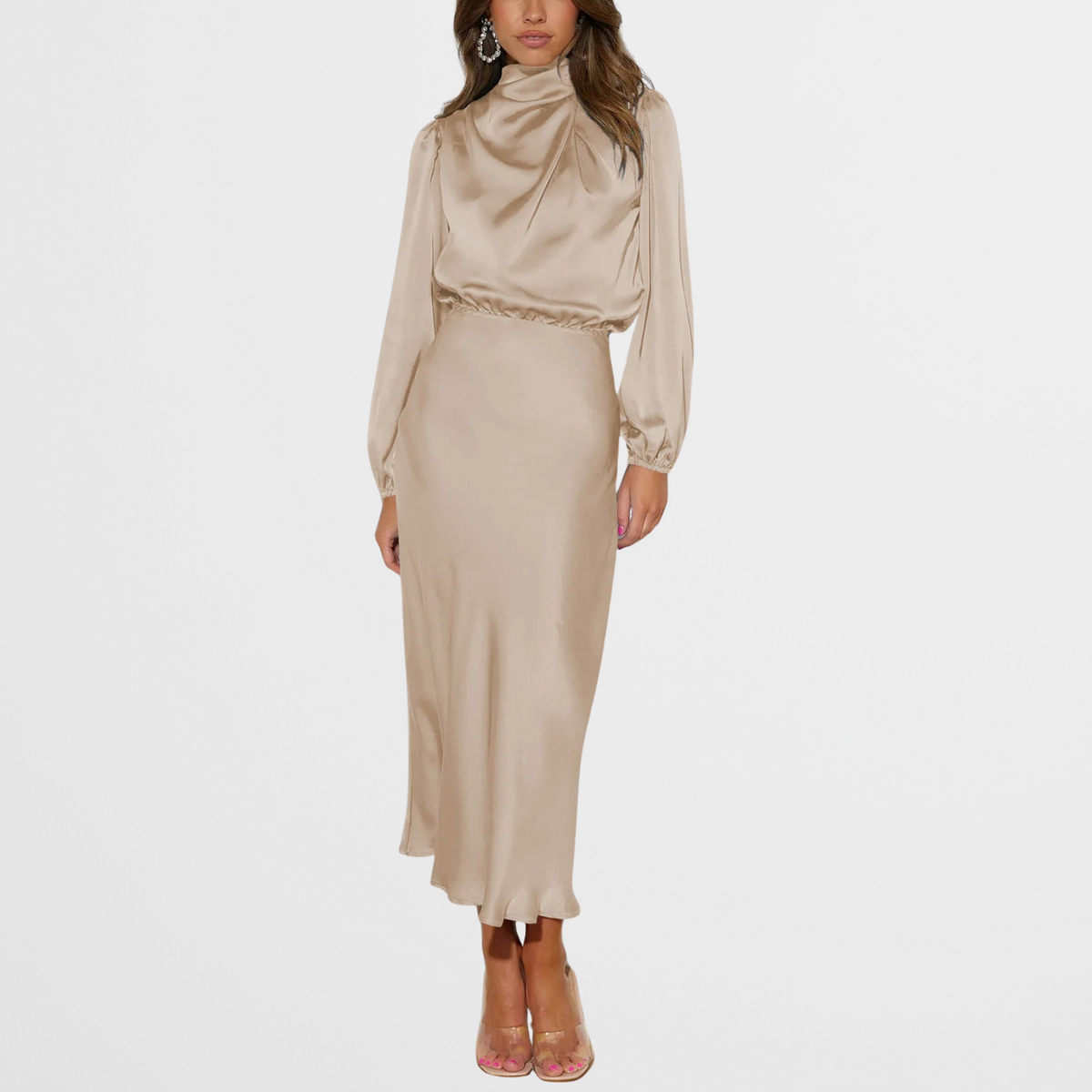 Satijnlook midi-jurk met hoge hals en lange mouwen