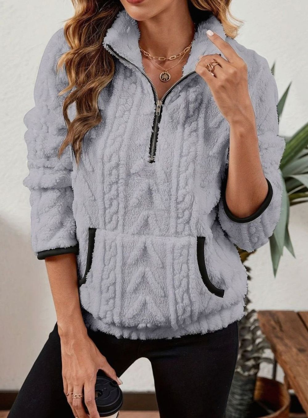 Dames Fleece Trui met Halve Rits en Kangoeroezak