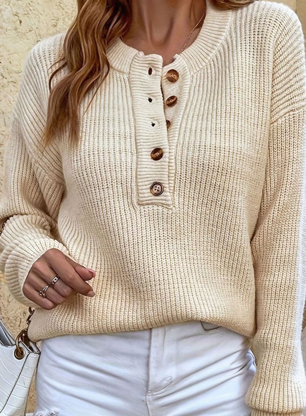 Dames Gebreide Henley Trui met Ribpatroon
