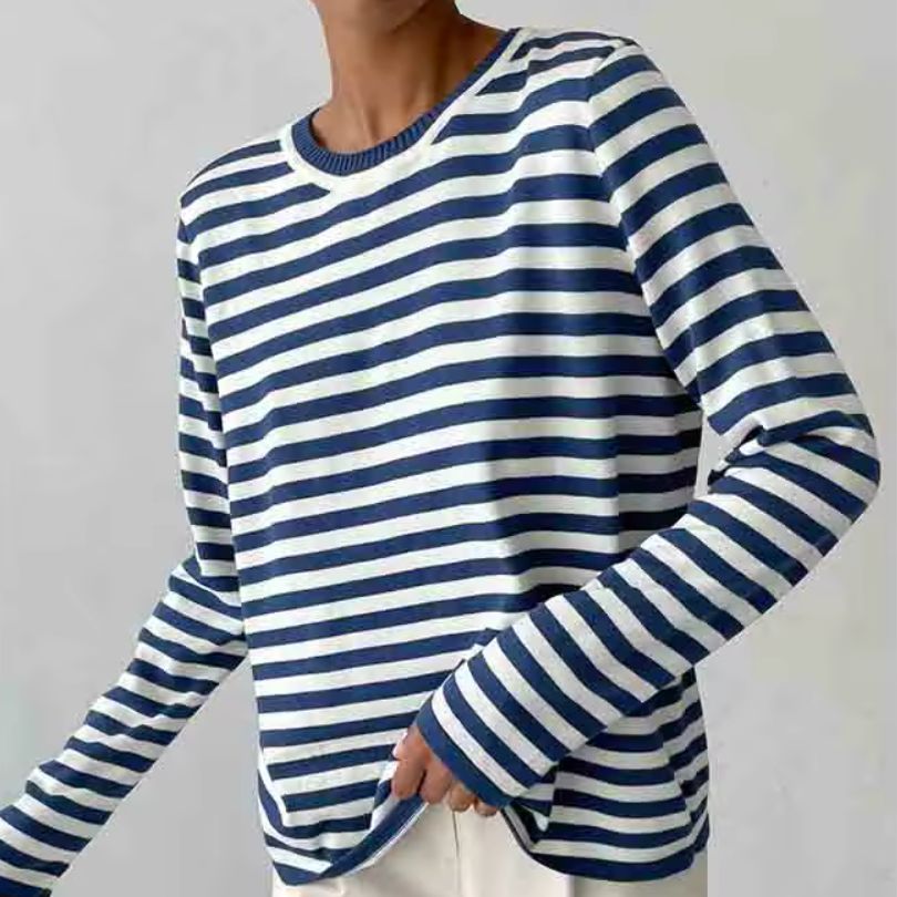 Dames Gestreept Longsleeve Shirt met Ronde Hals