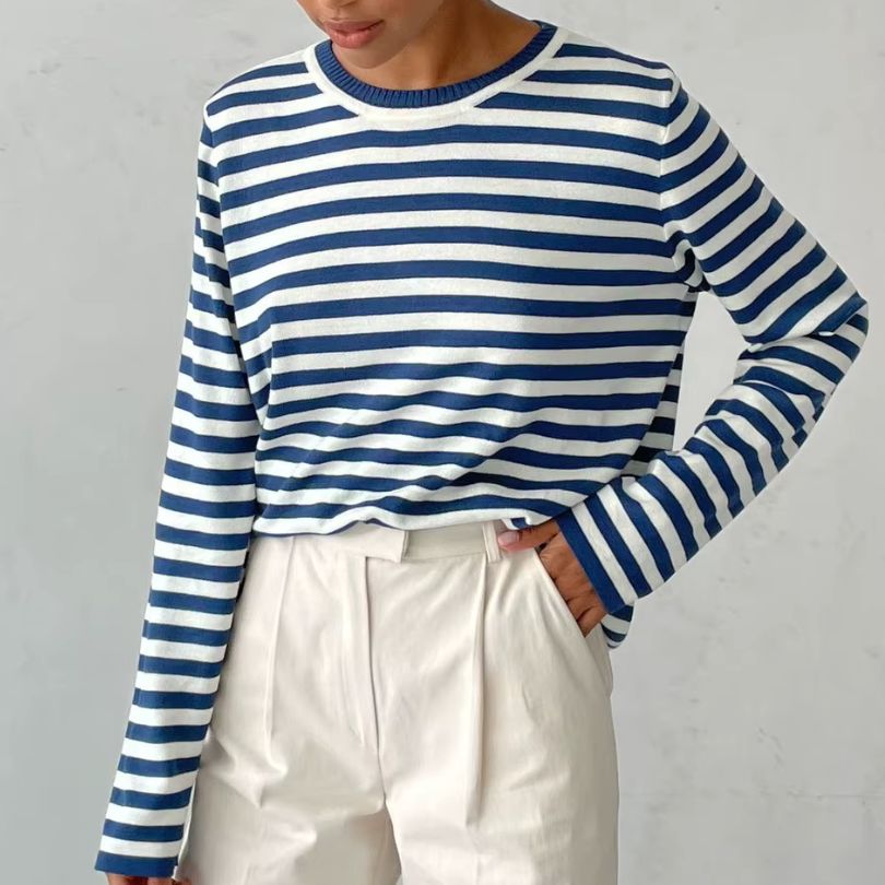Dames Gestreept Longsleeve Shirt met Ronde Hals