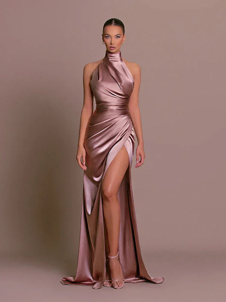 Dames Maxi Avondjurk met Satijnlook en Zijsplit
