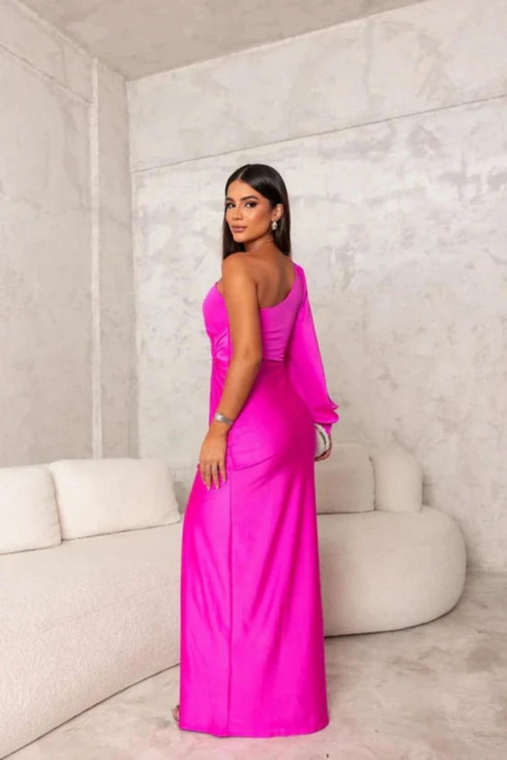 Dames One-Shoulder Satijnlook Jurk met Drapering en Split