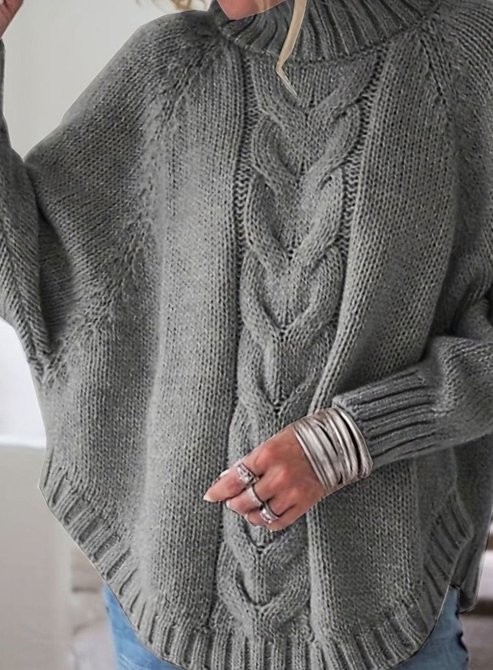 Dames Oversized Gebreide Trui met Kabelpatroon en Hoge Kraag