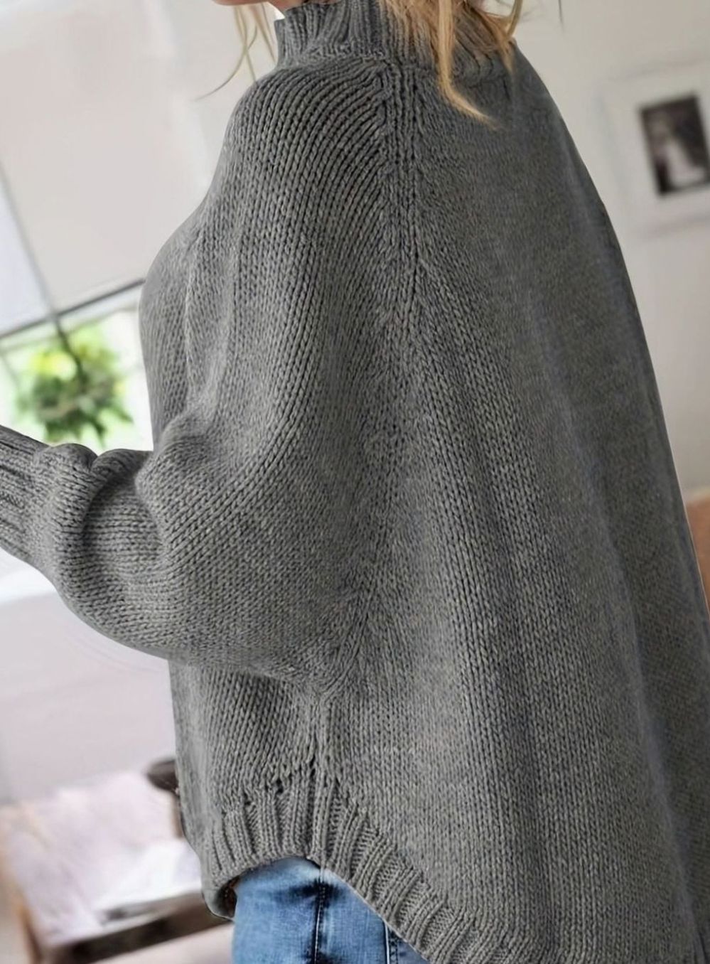 Dames Oversized Gebreide Trui met Kabelpatroon en Hoge Kraag