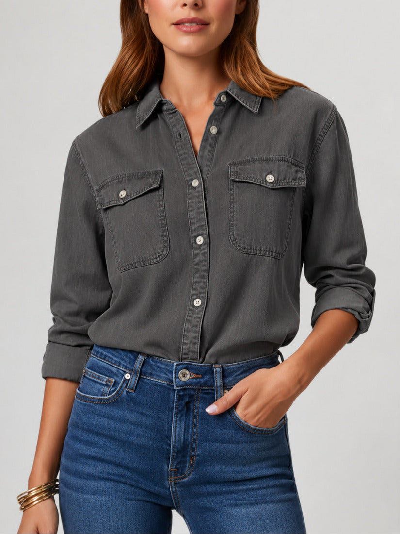 Dames Spijkerblouse met Knoopsluiting en Lange Mouwen