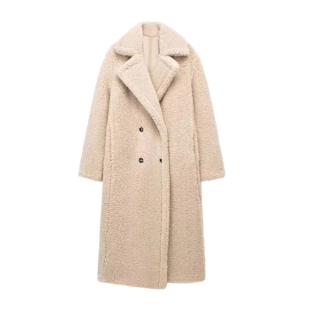 Dames lange teddy jas met reverskraag en knoopsluiting