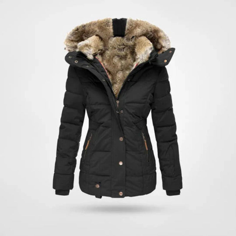 Dames winterjas met capuchon en imitatiebontvoering