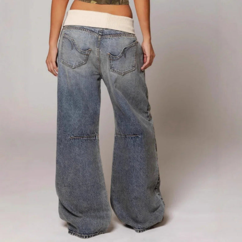Denim Damesbroek met Tailleband en Wijde Pijpen