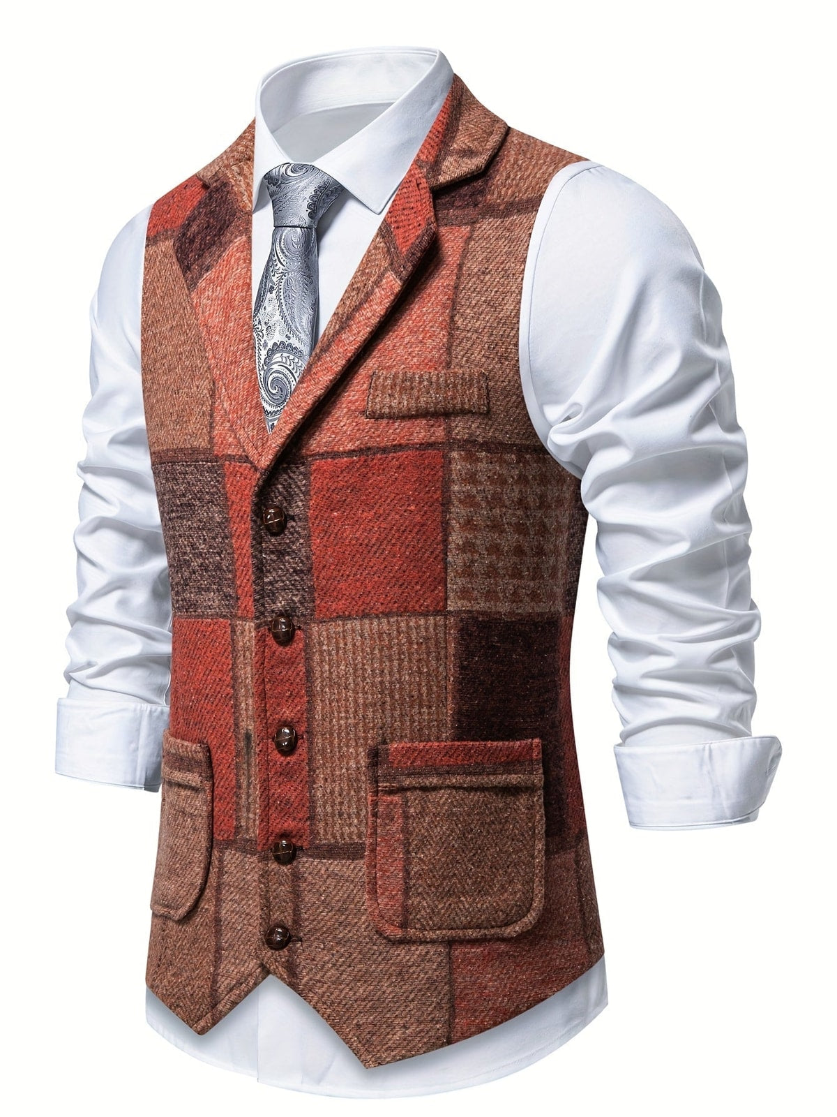 Heren Gilet met Patchwork Design en Knoopsluiting