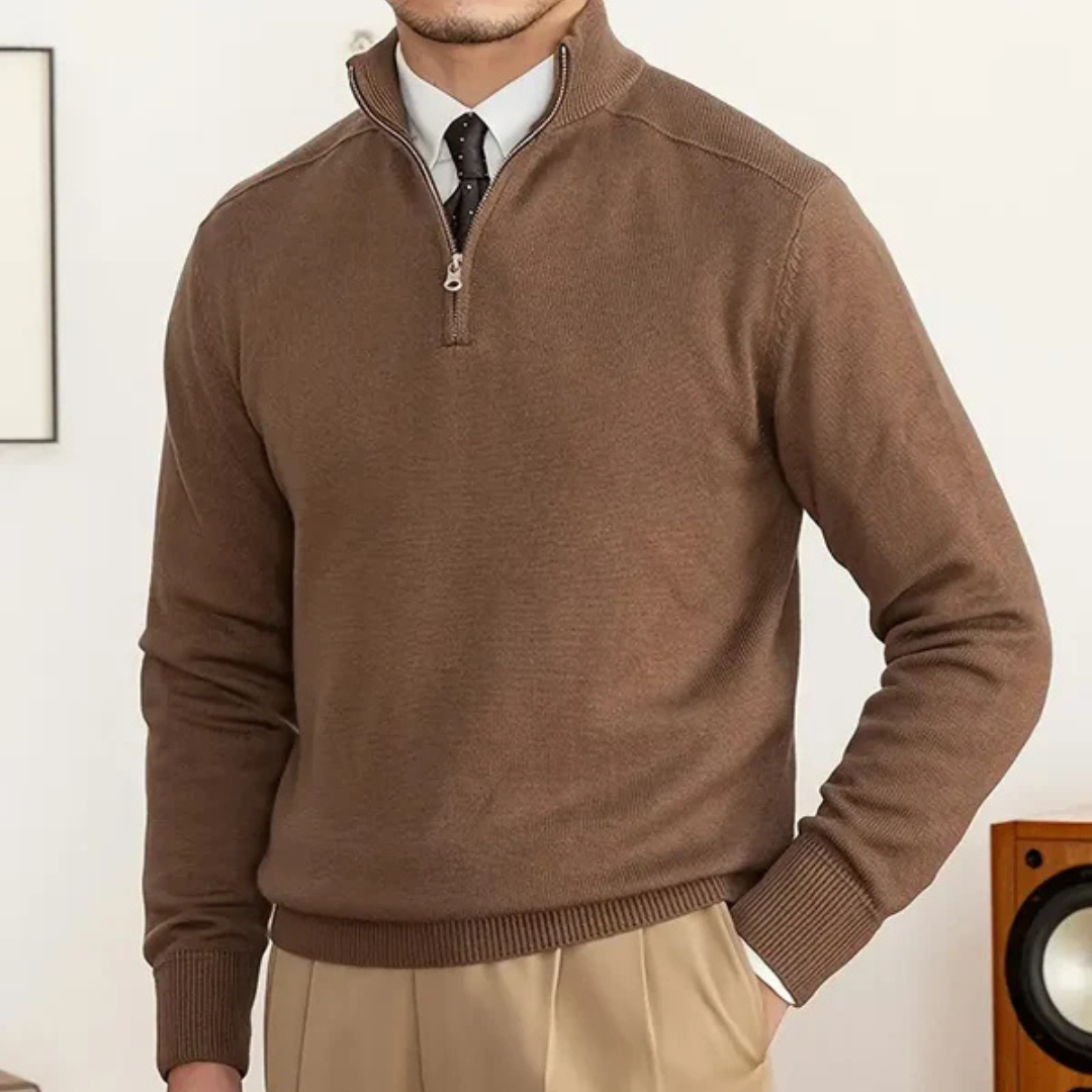 Heren Half-Zip Trui met Hoge Kraag en Ribboorden