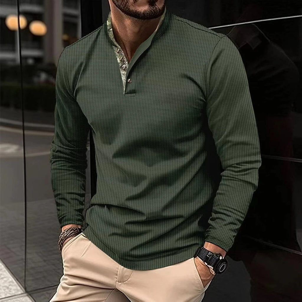 Heren Slim Fit Longsleeve Polo met Opstaande Kraag en Knoopsluiting