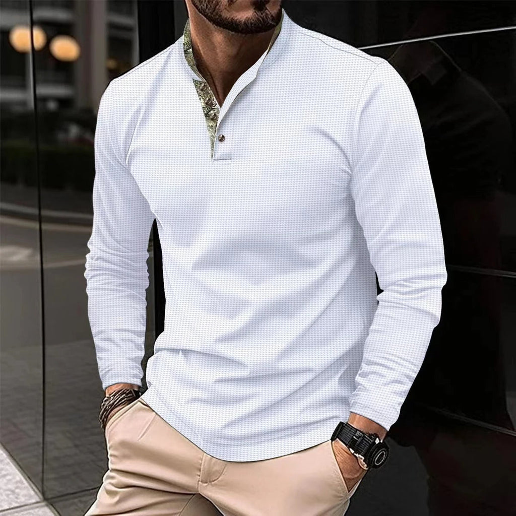 Heren Slim Fit Longsleeve Polo met Opstaande Kraag en Knoopsluiting