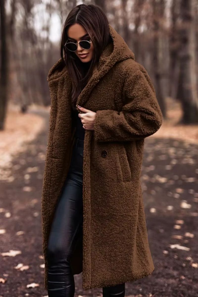 Lange teddy damesjas met capuchon