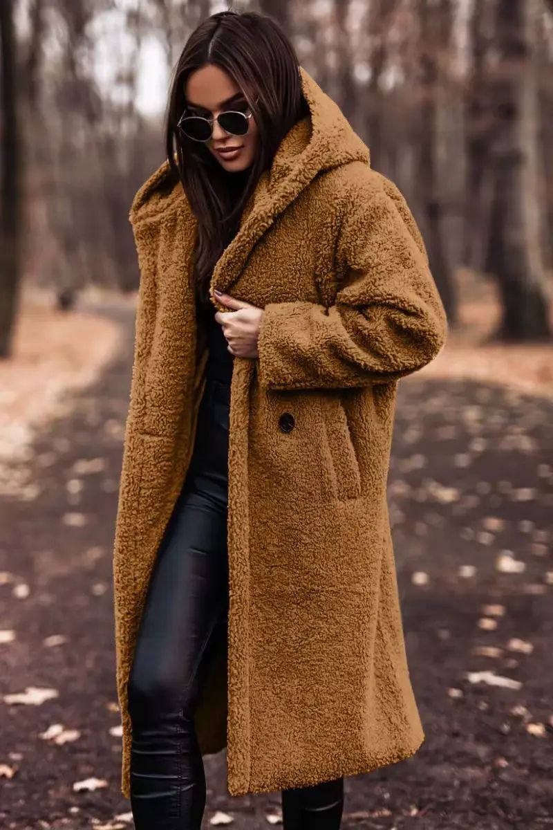 Lange teddy damesjas met capuchon