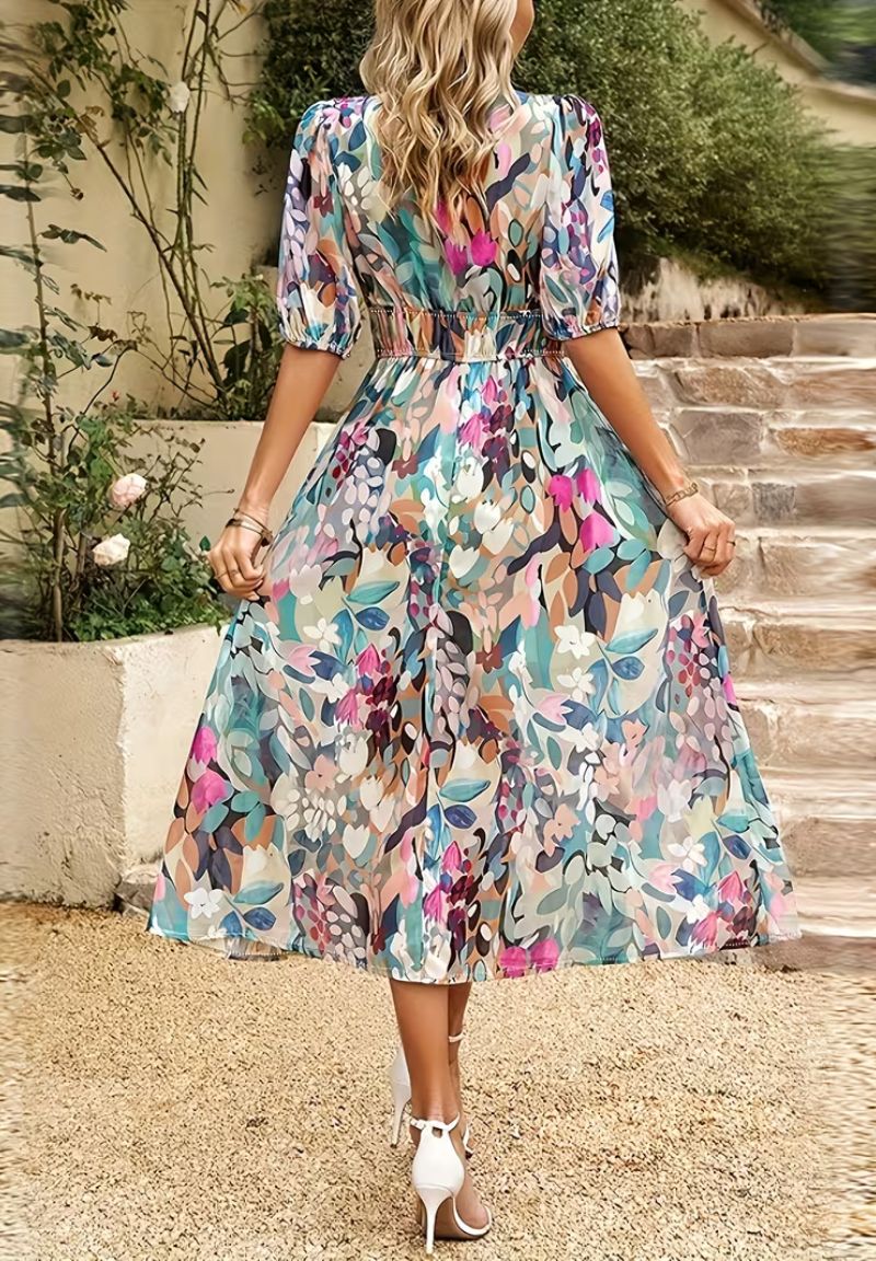 Maxi Jurk Dames met Print en Korte Pofmouwen