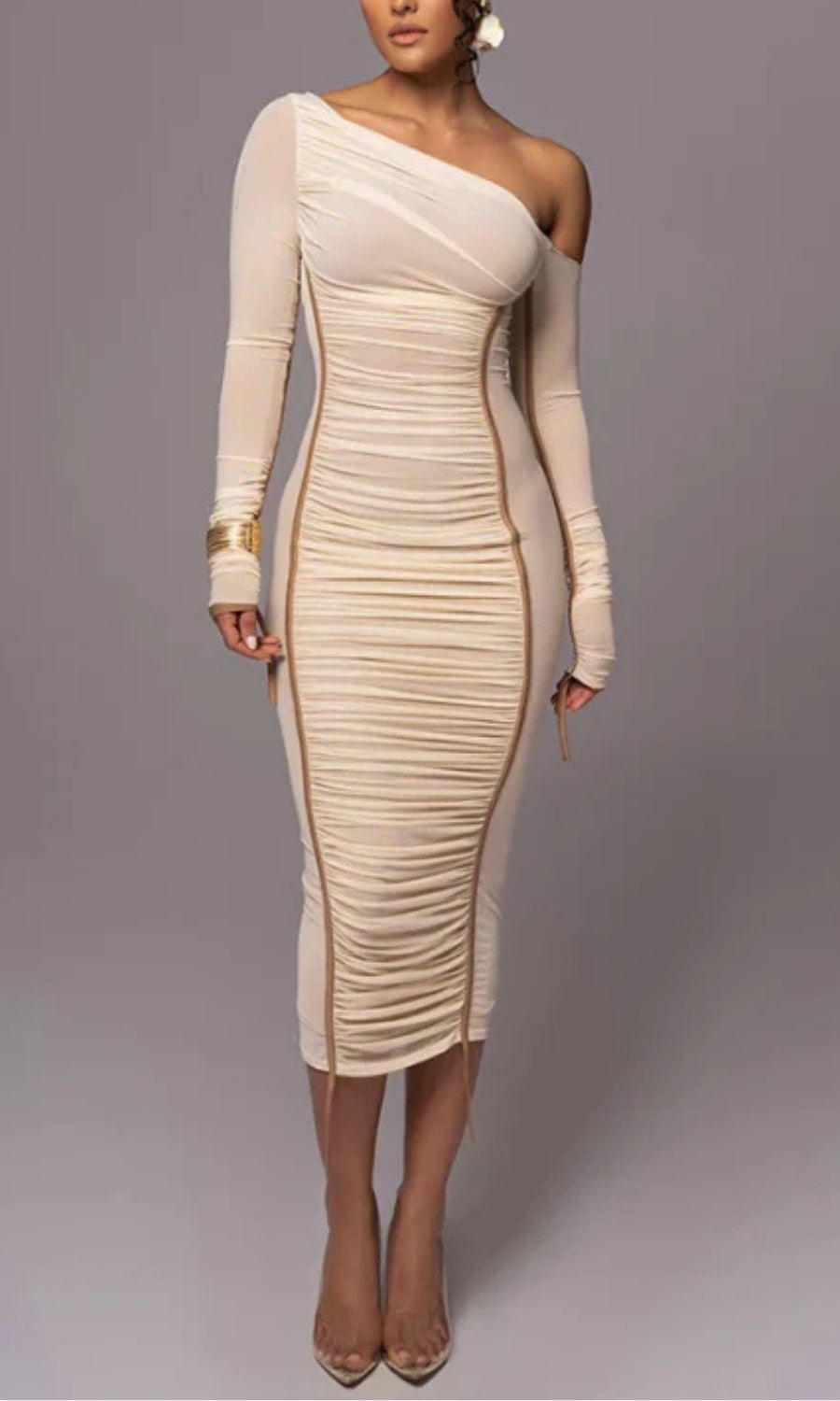One-Shoulder Bodycon Midi Cocktailjurk met Plooien