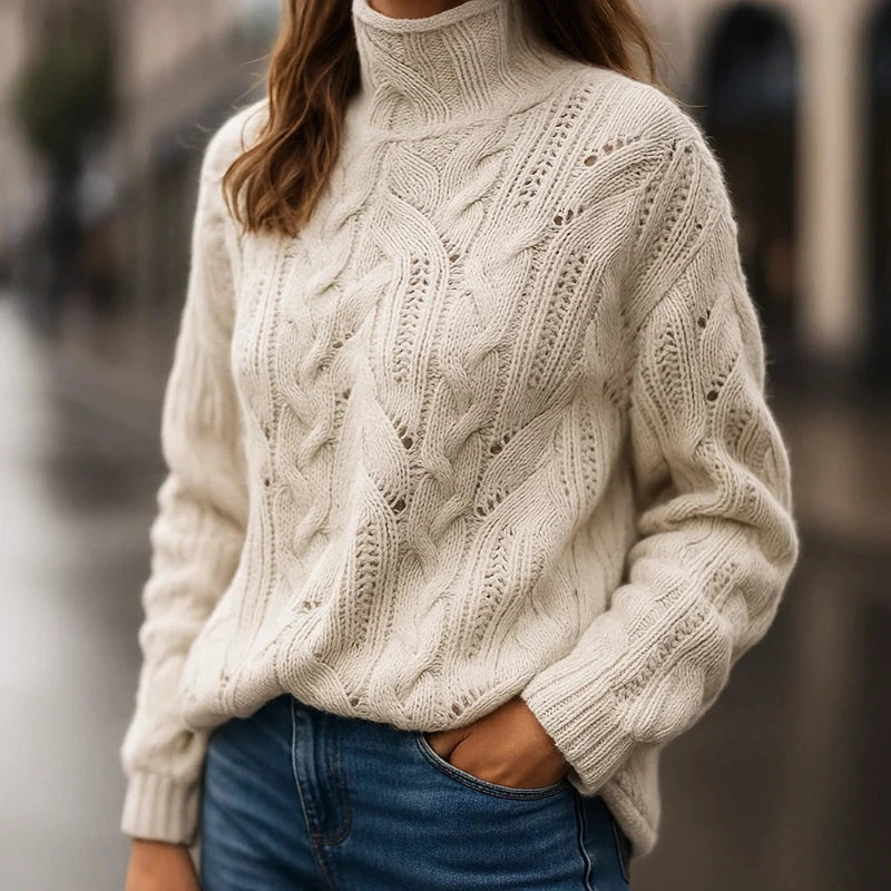 Oversized Gebreide Damestrui met Kabelpatroon en Hoge Kraag