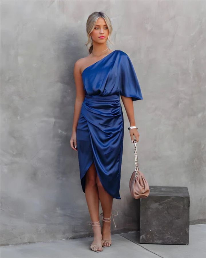 Satijnlook One-Shoulder Cocktailjurk met Asymmetrisch Ontwerp