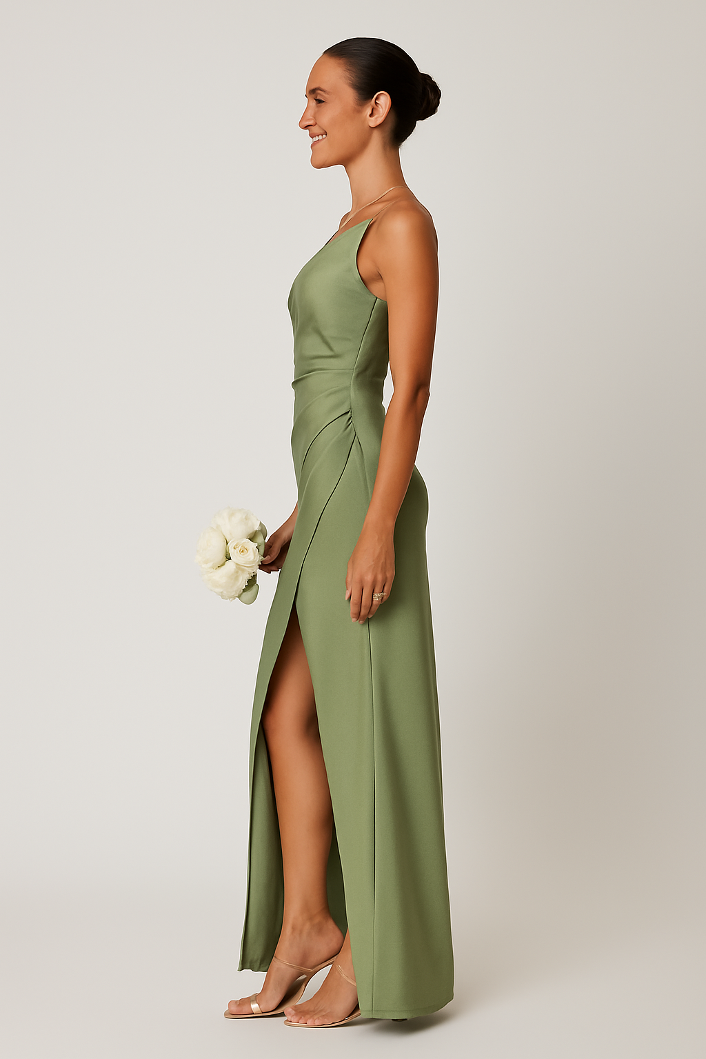 Satijnlook one-shoulder maxi jurk met hoge split